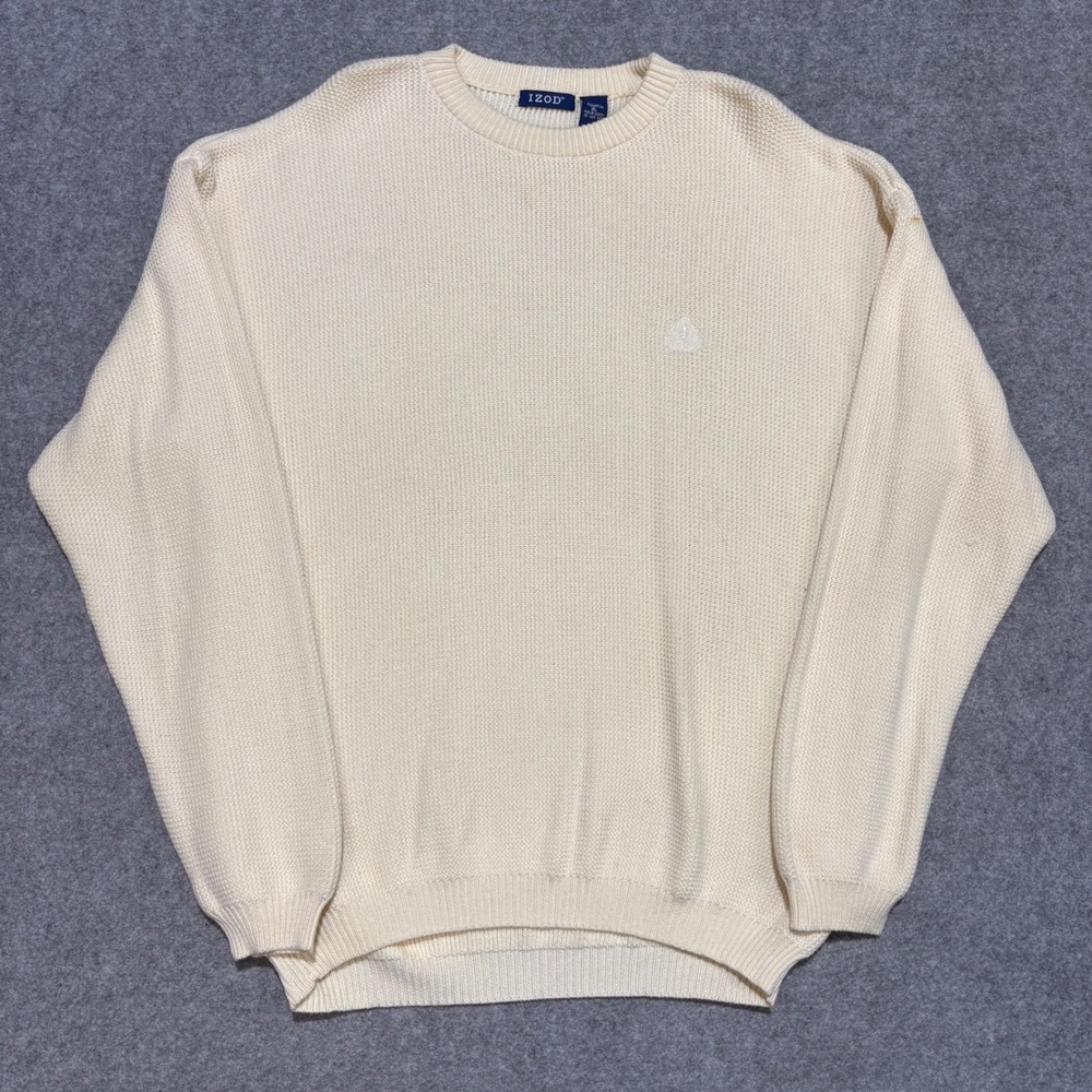 IZOD Mens XL Cream Off White Cotton Waffle Knit Crew Neck Sweater Tonal Logo